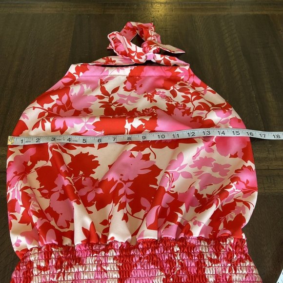 Fiji Fever Pink/Red Floral Smocked Ruffled Hem Mini Dress Medium Barbie Core - Picture 4 of 10